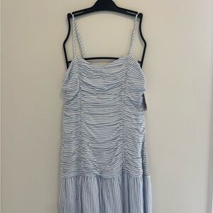 Light Blue and White Striped Ruched Sundress